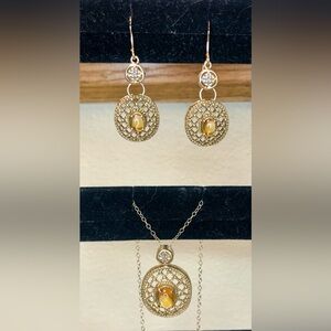 GOLD PLATED Silver Necklace/Earring Filigree Set & Small Diamond Accents